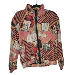 Vintage 80s Silk Postcard International Travel Striped Patch Bomber Jacket